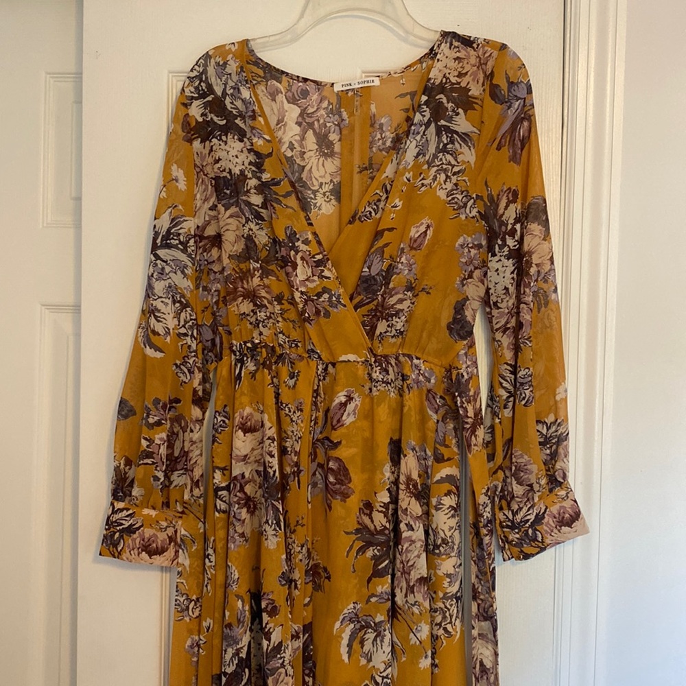 Orange Long Sleeve V-Neck Sundress for Wedding Guest